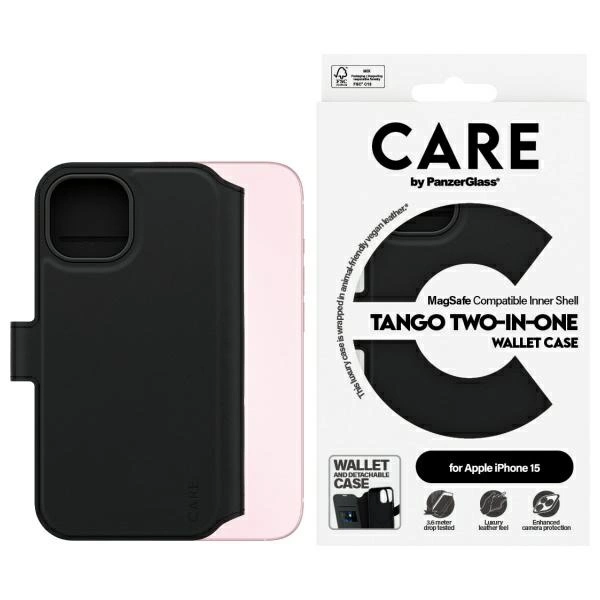 CARE by PanzerGlass Feature Tango 2in1 Wallet MagSafe dėklas iPhone 15 – juodas