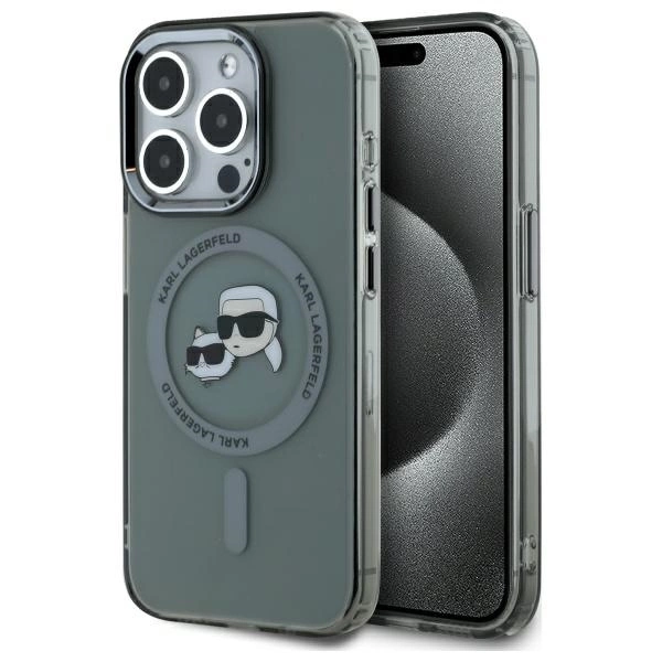 Karl Lagerfeld KLHMP15LHLSKCK iPhone 15 Pro 6.1” kietas dėklas – juodas/juodas IML Metal Karl & Choupette Head MagSafe