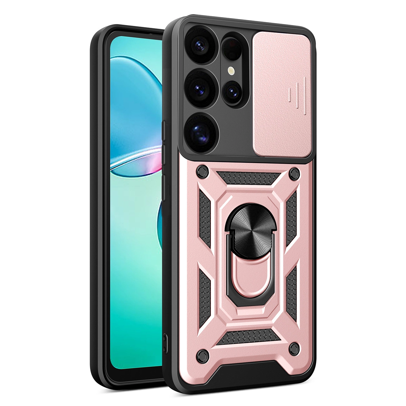 Hybrid Armor Camshield su kameros dangteliu ir metaliniu žiedu Samsung Galaxy S25 Ultra – rožinis