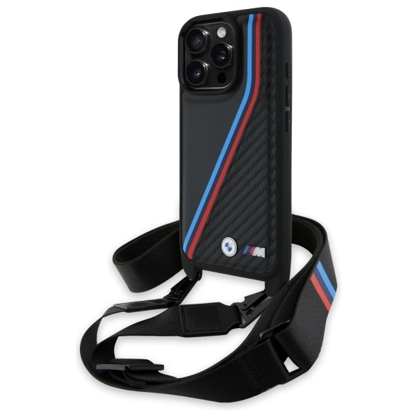 BMW M Edition Carbon Tricolor Lines & dirželis dėklas iPhone 16 Pro – juodas