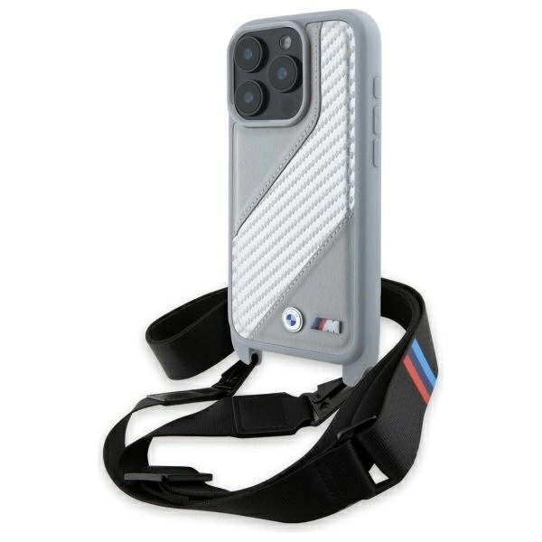 BMW M Edition Carbon Stripe & dirželis dėklas iPhone 16 Pro – pilkas