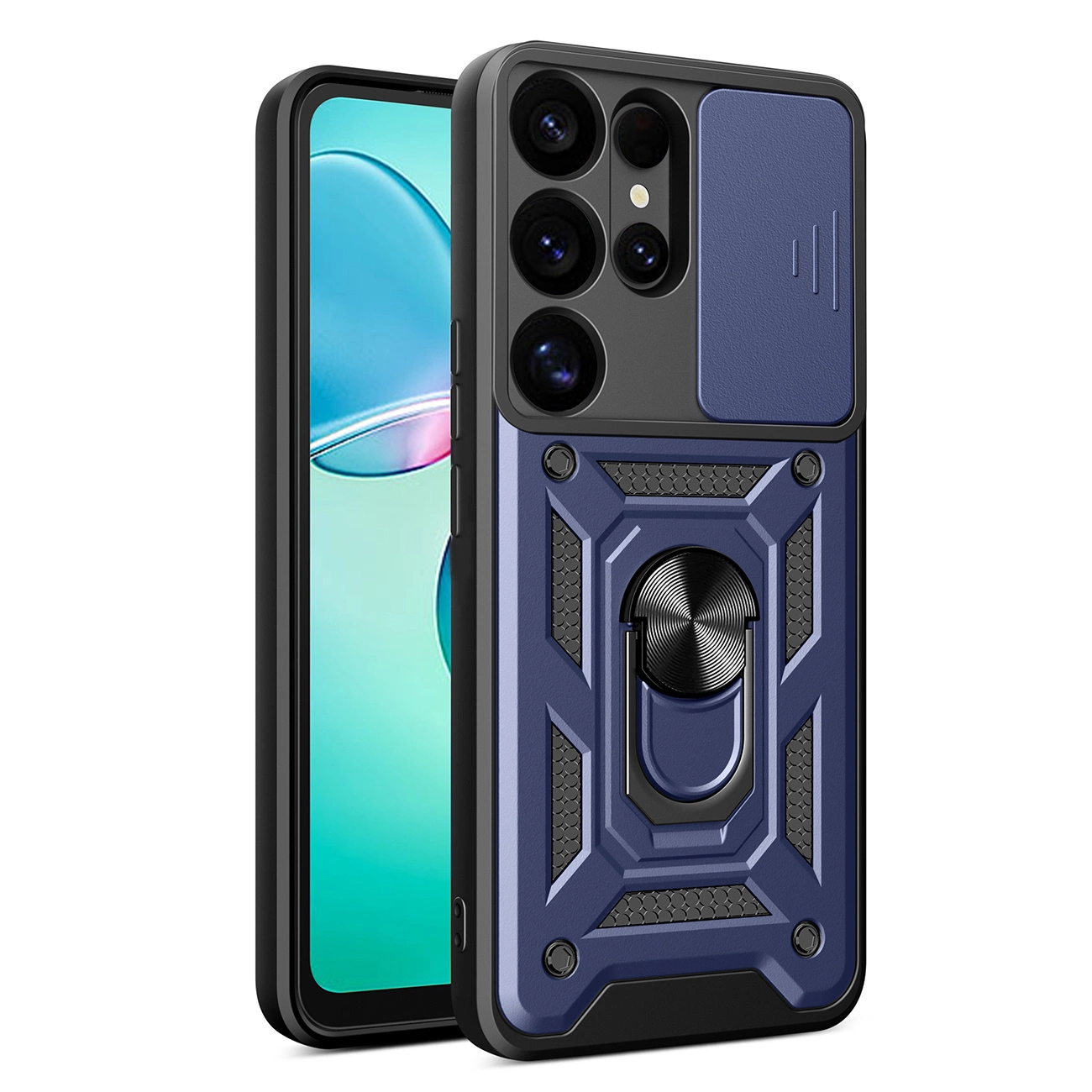 Hybrid Armor Camshield su kameros dangteliu ir metaliniu žiedu Samsung Galaxy S25 Ultra – mėlynas