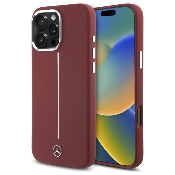 Mercedes silikoninis baltos juostos MagSafe dėklas iPhone 16 Pro Max – raudonas