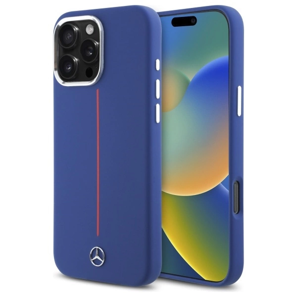 Mercedes silikoninis raudonos juostos MagSafe dėklas iPhone 16 Pro Max – tamsiai mėlynas