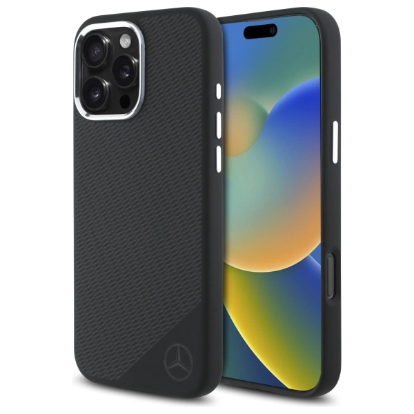 Mercedes silikoninis toninis logotipas medžio raštu MagSafe dėklas iPhone 16 Pro Max – juodas