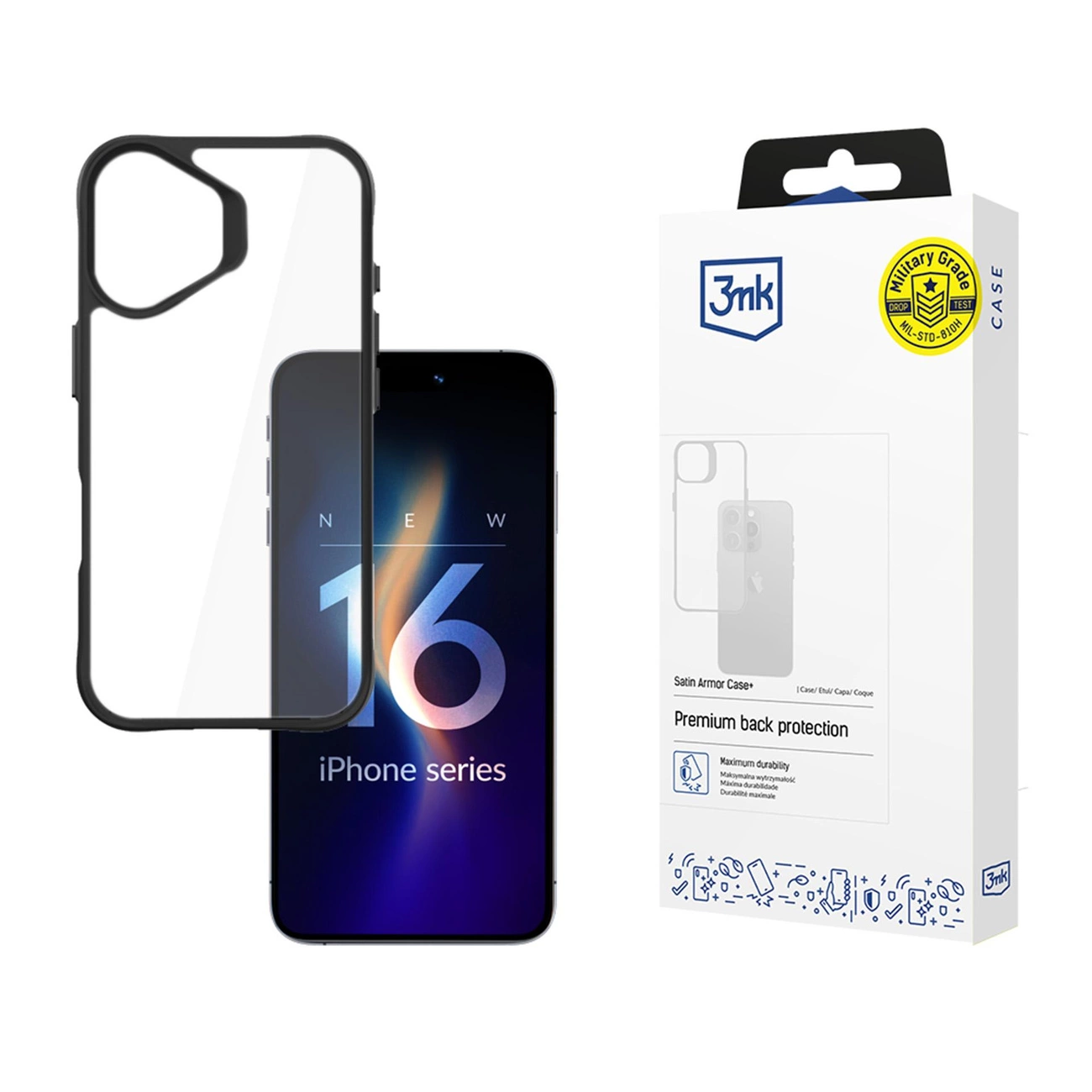 3mk Satin Armor Case+ iPhone 16 Plus – permatomas su juodu rėmeliu