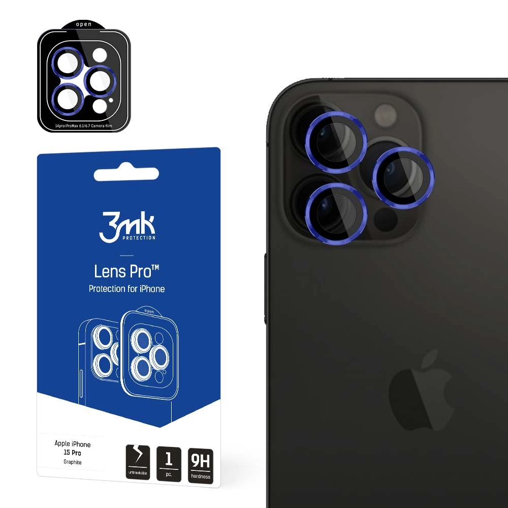 3mk Lens Protection Pro Camera Cover su mėlynu rėmeliu iPhone 15 Pro Max