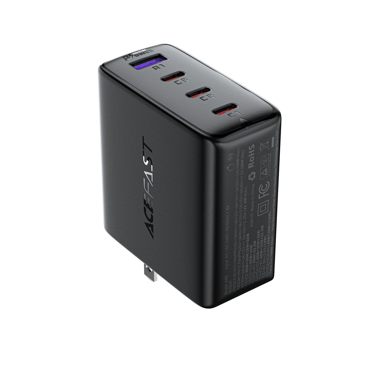 Acefast A96 PD100W GaN įkroviklis (3 x USB-C + 1x USB-A) su US kištuku – juodas