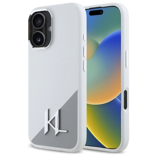 Karl Lagerfeld silikoninis inicialų metalinis logotipas MagSafe dėklas iPhone 16 – baltas