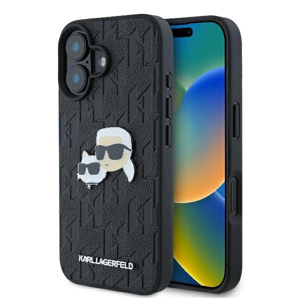 Karl Lagerfeld Monogram Karl & Choupette galvų segtukas dėklas iPhone 16 Plus – juodas