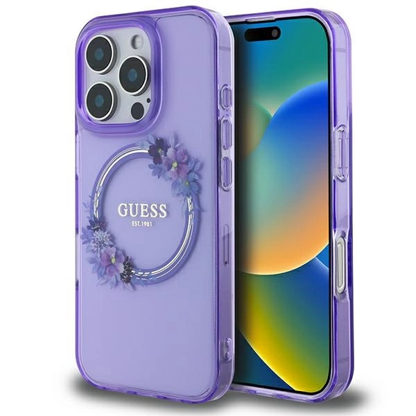 Guess IML gėlių vainikas MagSafe iPhone 16 Pro Max dėklas - violetinis