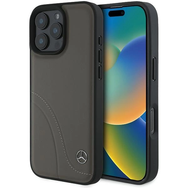 Mercedes MB lenktos siūlės odinis iPhone 16 Pro Max dėklas - rudas