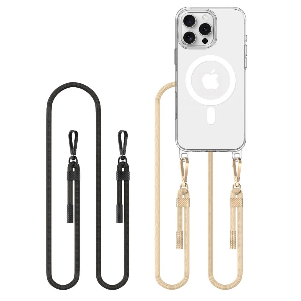 Tech-Protect FlexAir grandinė MagSafe dėklas iPhone 16 Pro - skaidrus + 2 laikikliai (juodas ir smėlio)