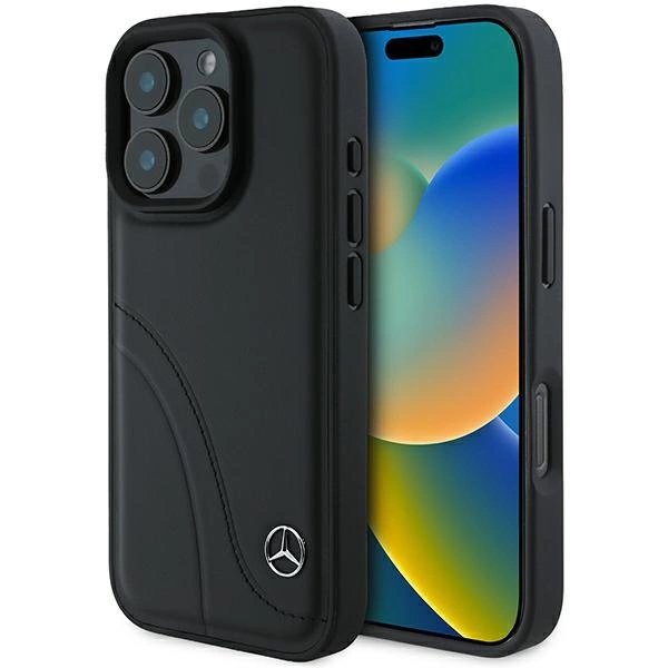 Mercedes MB lenktos siūlės odinis iPhone 16 Pro dėklas - juodas