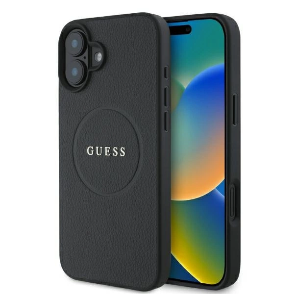 Guess tekstūruotas auksinis žiedas MagSafe dėklas iPhone 16 - juodas