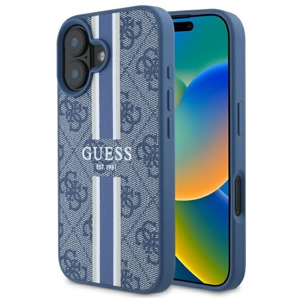 Guess 4G spausdintos juostos MagSafe dėklas iPhone 16 - mėlynas