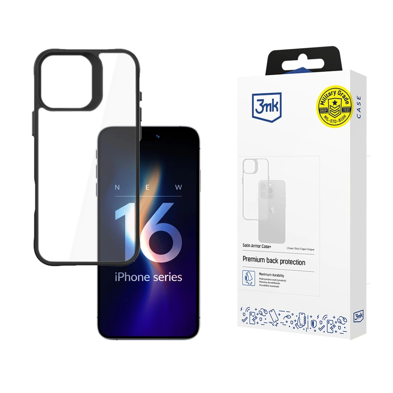 3mk Satin Armor Case+ iPhone 16 Pro Max – permatomas su juodu rėmeliu