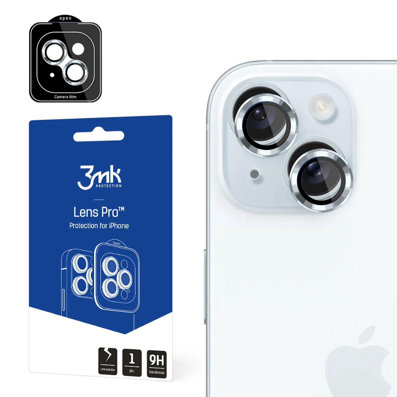 3mk Lens Protection Pro kameros dangtelis su mėlynu rėmeliu iPhone 15
