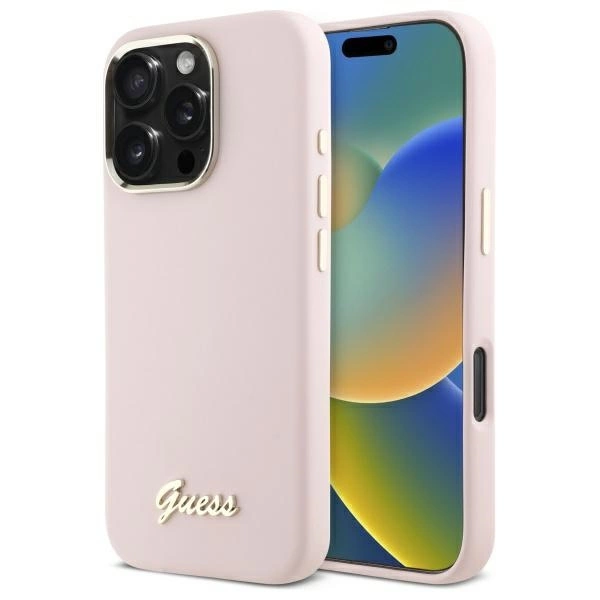 Guess silikoninis logotipo skriptas ir rėmelis iPhone 16 Pro Max dėklas - rožinis
