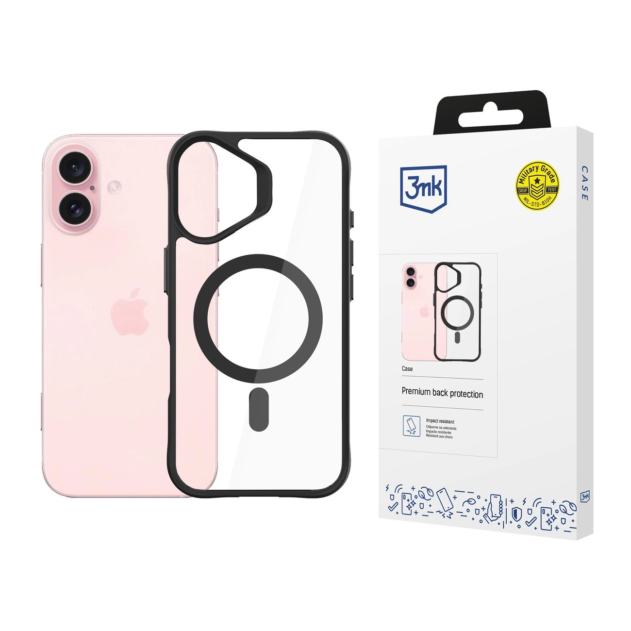 3mk Satin Armor MagCase su MagSafe iPhone 16 – permatomas su juodu rėmeliu