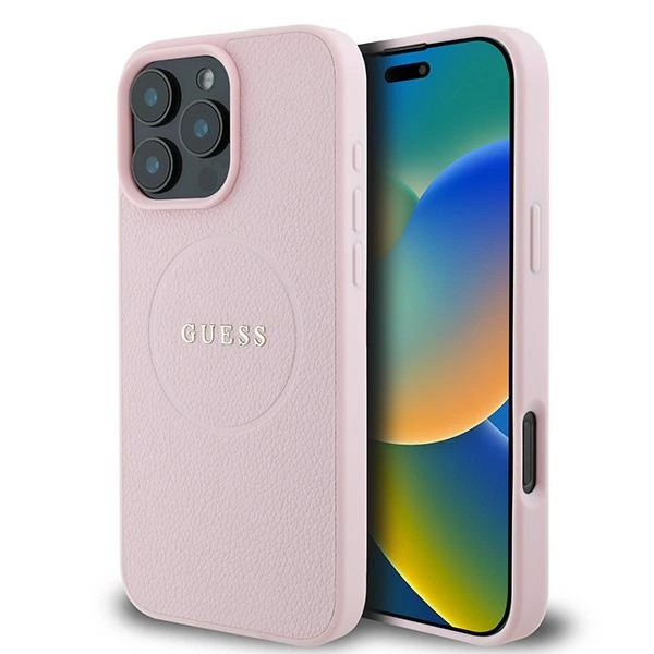 Guess tekstūruotas žiedas MagSafe iPhone 16 Pro dėklas - rožinis