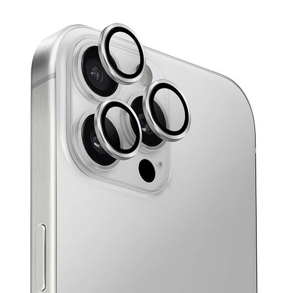 Uniq Optix aliuminio objektyvo apsauga iPhone 16 Pro 6.3” / 16 Pro Max 6.9” sidabrinis stiklas su aplikatoriumi