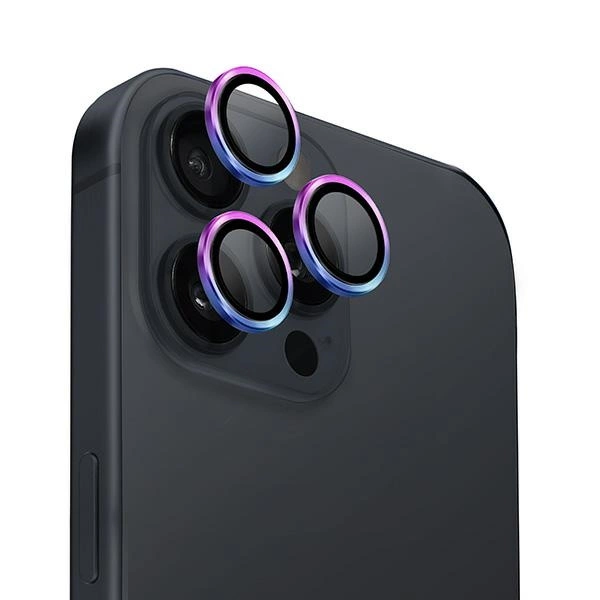 Uniq Optix aliuminio objektyvo apsauga iPhone 16 Pro 6.3” / 16 Pro Max 6.9” vaivorykštės spalvos stiklas su aplikatoriumi