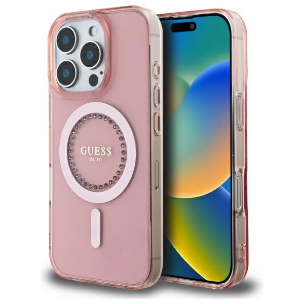 Guess IML kalnų krištolas MagSafe iPhone 16 Pro dėklas - rožinis