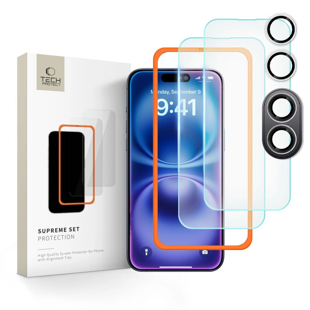 Tech-Protect Supreme rinkinys grūdinto stiklo iPhone 16 - skaidrus (3 vnt.)