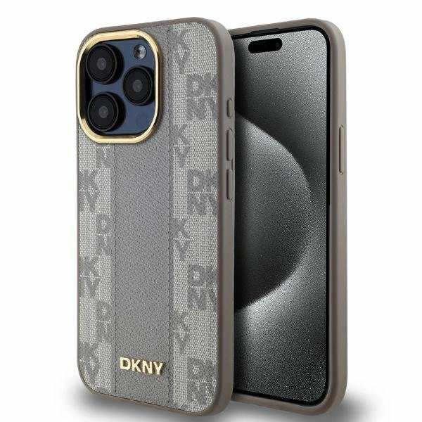 DKNY odinis languotas mono raštas MagSafe iPhone 15 Pro Max dėklas - smėlio