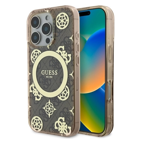 Guess IML peonijų ant 4G fono MagSafe dėklas iPhone 16 Pro - rudas