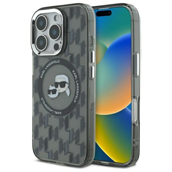 Karl Lagerfeld IML Monogram Karl & Choupette galvų MagSafe dėklas iPhone 16 Pro Max – juodas