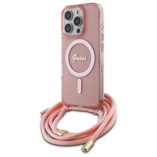 Guess Crossbody Cord Script MagSafe dėklas iPhone 16 Pro - rožinis