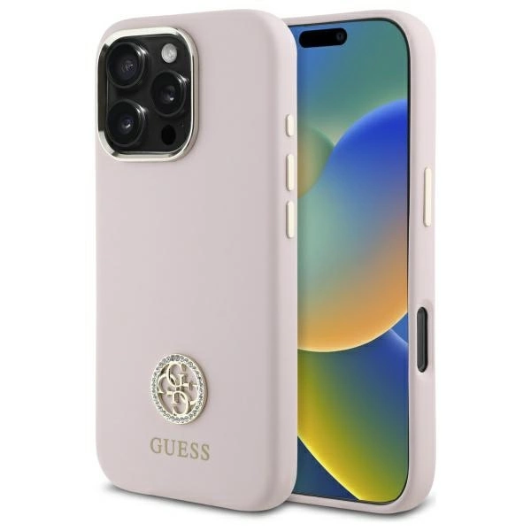 Guess Silicone Logo Strass 4G dėklas iPhone 16 Pro Max - šviesiai rožinis