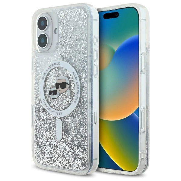 Karl Lagerfeld Liquid Glitter Karl & Choupette galvos MagSafe dėklas iPhone 16 – skaidrus