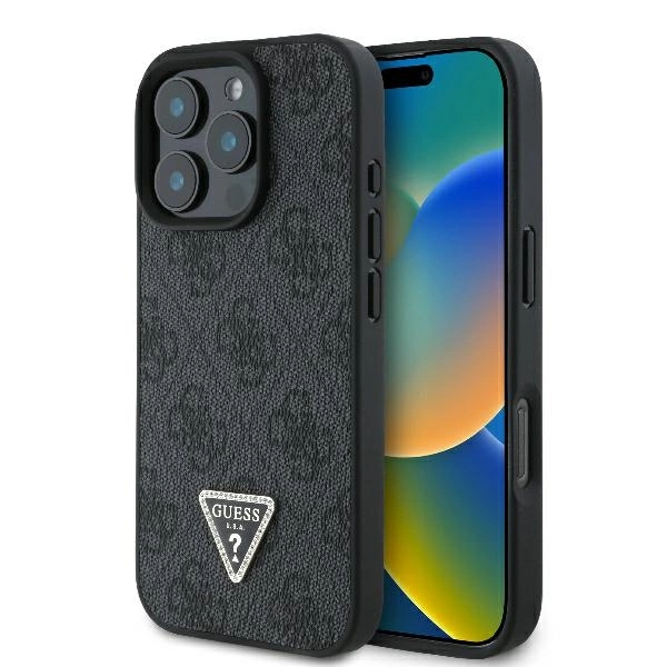 Guess odinis 4G trikampio formos strazų dėklas iPhone 16 Pro – juodas
