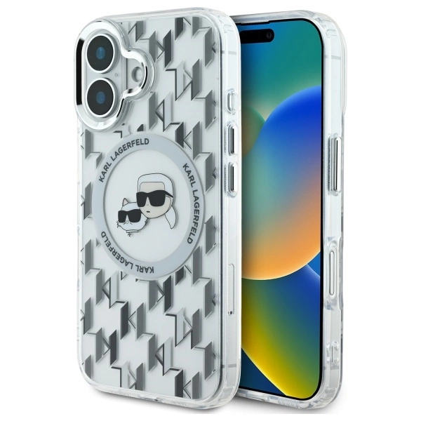 Karl Lagerfeld IML Monogram Karl & Choupette galvų MagSafe dėklas iPhone 16 – skaidrus
