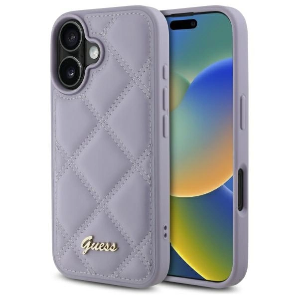 Guess siuvinėtas dėklas su metaliniu logotipu iPhone 16 - šviesiai violetinis