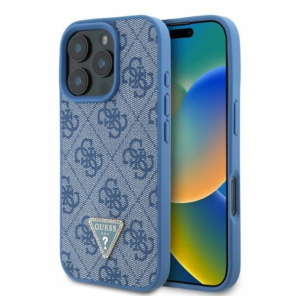 Guess odinis 4G trikampio formos strazų MagSafe dėklas iPhone 16 Pro – mėlynas