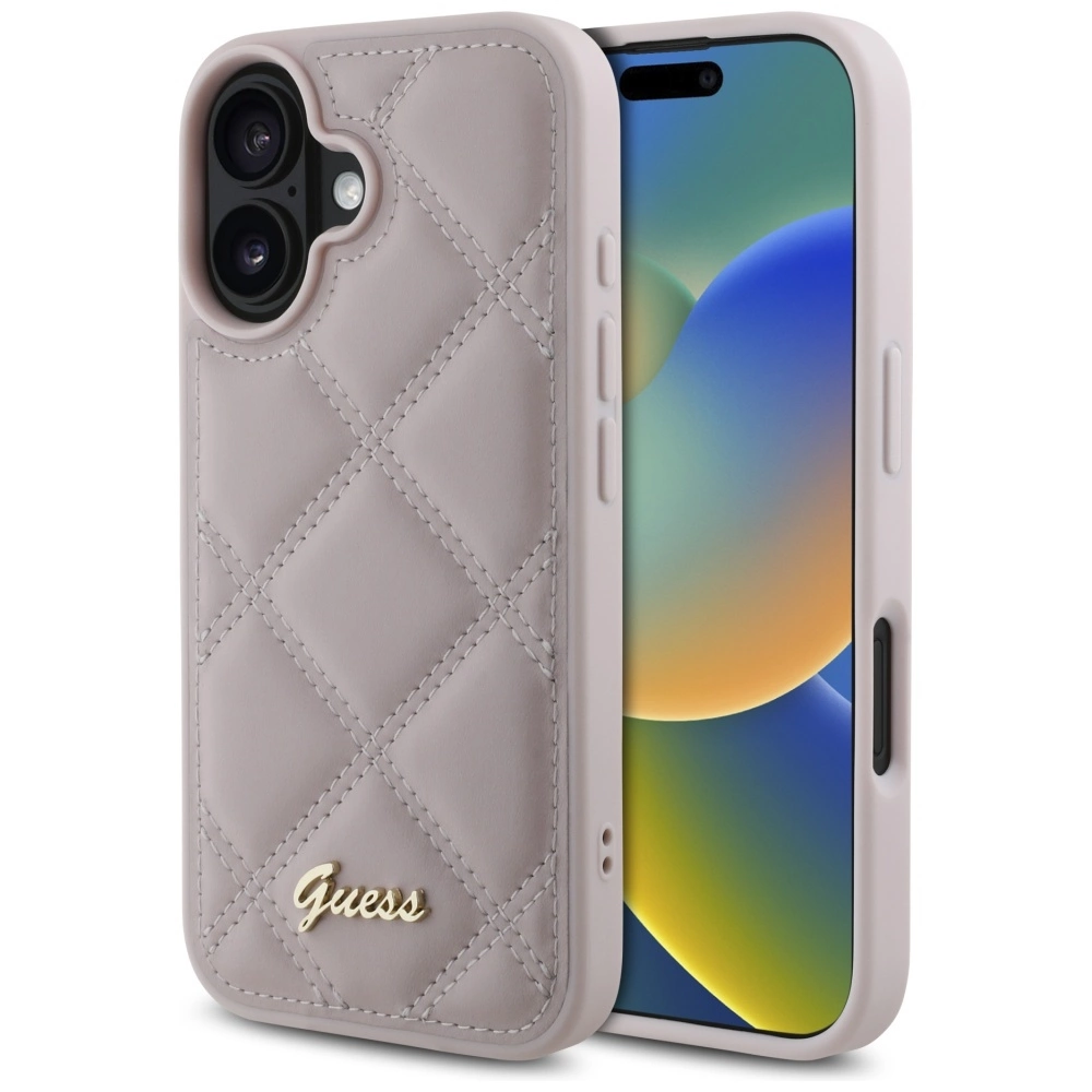 Guess siuvinėtas dėklas su metaliniu logotipu iPhone 16 - rožinis