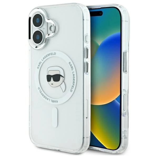 Karl Lagerfeld IML Metal Karl galvos MagSafe dėklas iPhone 16 – baltas