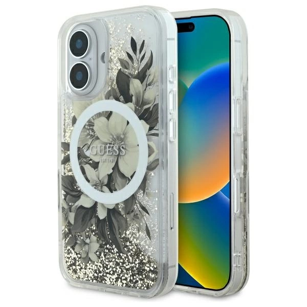 Guess skysti blizgučiai gėlė MagSafe iPhone 16 dėklas - smėlio spalvos