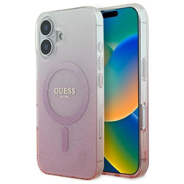 Guess blizgučių gradientas MagSafe iPhone 16 dėklas - rožinis