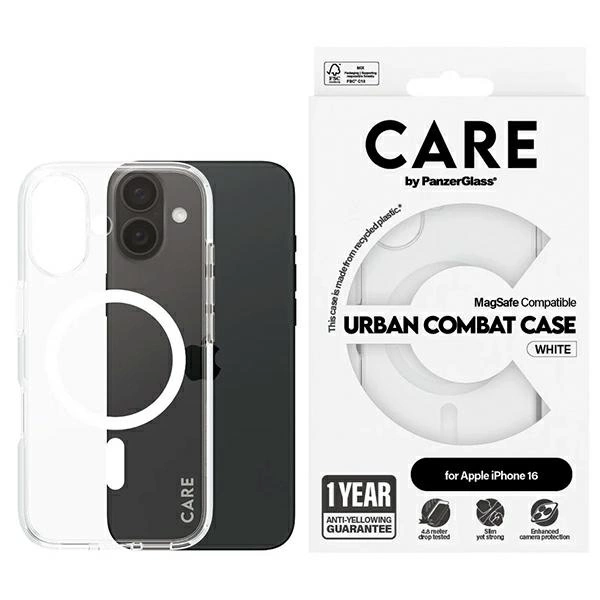 CARE by PanzerGlass Flagship dėklas iPhone 16 6.1” baltas/baltas MagSafe