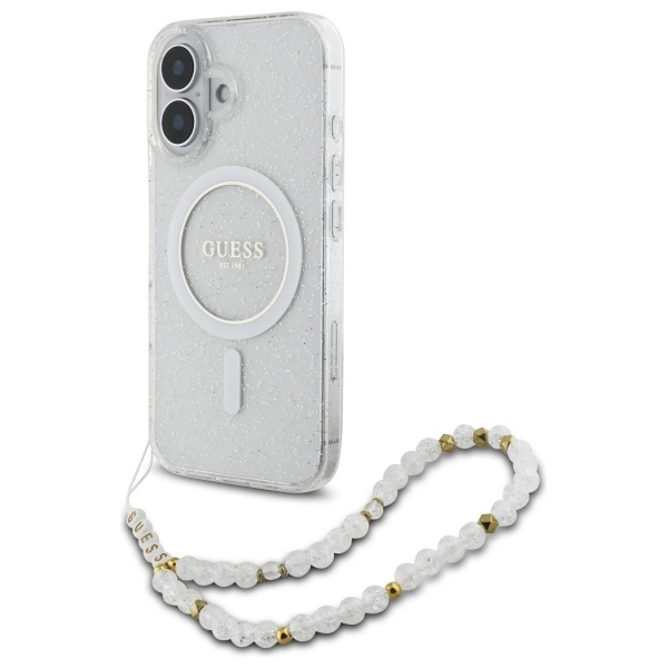 Guess blizgučiai su perlo dirželiu MagSafe iPhone 16 dėklas - skaidrus