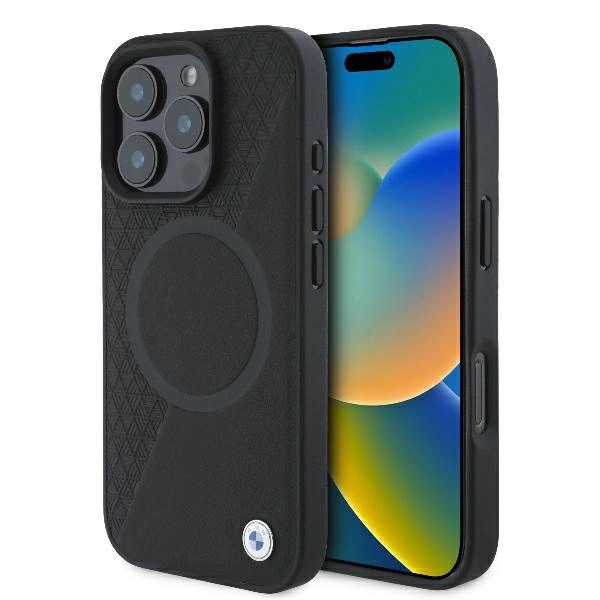 BMW odinis pusiau tekstūruotas dėklas su apskritimu MagSafe iPhone 16 Pro – juodas