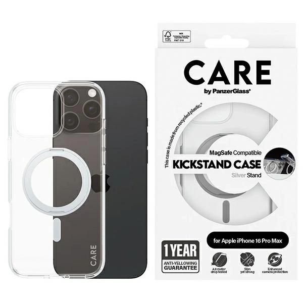 CARE by PanzerGlass Feature Kickstand dėklas iPhone 16 Pro Max 6.9” sidabrinis/sidabrinis MagSafe
