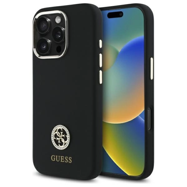 Guess Silicone Logo Strass 4G dėklas iPhone 16 Pro - juodas