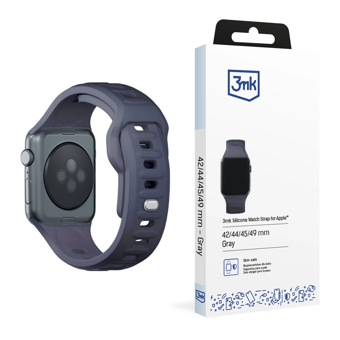 3mk silikoninis laikrodžio dirželis Apple Watch 42 / 44 / 45 / 49 mm – pilkas