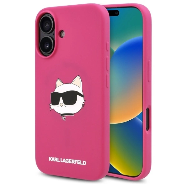 Karl Lagerfeld silikoninis Choupette galvos atspaudas MagSafe dėklas iPhone 16 – fuksija